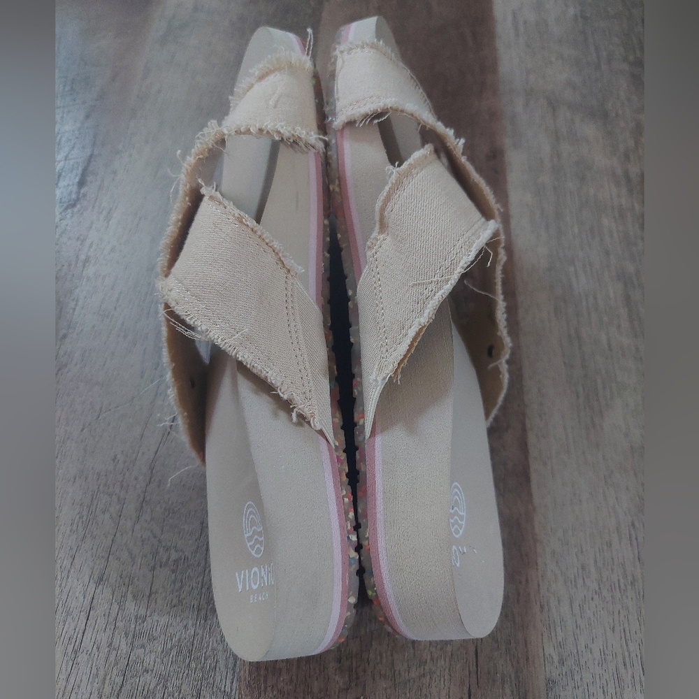 Vionic Panama Sandals Womens Sz 8 Cream Cross Strap Comfort Wedge Slide Beach - Picture 7 of 12